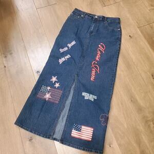 Neeso Denim Patchwork Maxi Length Stretch Jean Skirt USA Front Slit Women’s Sz 5